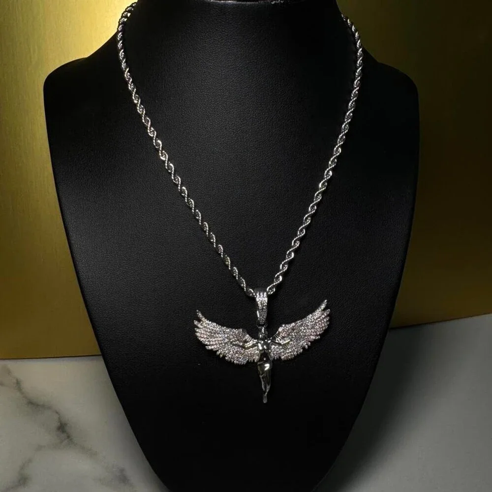 Silver Angel Wings Pendant With 24inch rope chain